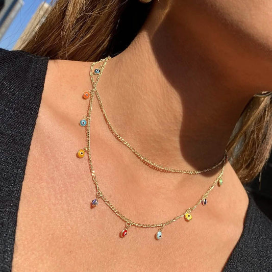Double Strand Figaro Evil Eye Drop Necklace Otarealm