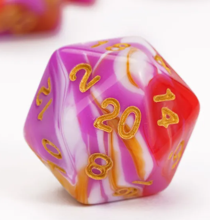 Pink/Red/White\Orange Blend Dice 7-Dice Set w/Gold Dnd Dice Acrylic