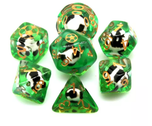 Football Themed 7-Dice Set Green w/ Soccer Ball Inside w/Gold Dnd Dice