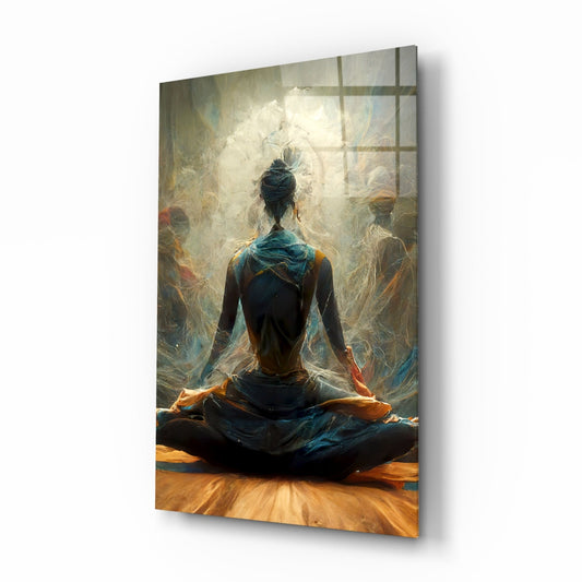 Lotus Pose With White Mandala Halo Glass Wall Art