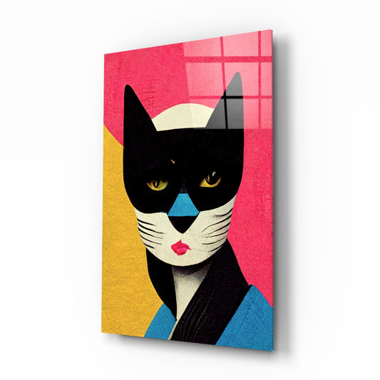 Masked Cat on Pink Grid Backdrop Glass Wall Art