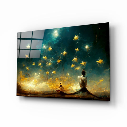 Meditation Falling Stars Teal Glass Wall Art