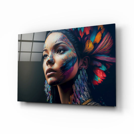 Rainbow Feather Headdress Painted Woman Glass Wall Art
