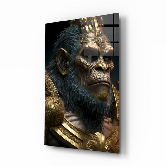 Blue Fur Gorilla in Gold Armor Glass Wall Art