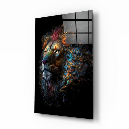 Jewel Tone Curly Mane Lion Portrait Glass Wall Art