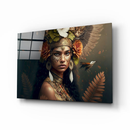 Leaf Crown Tribal Woman with Bird Glass Wall Art