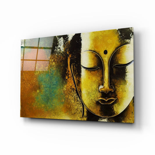 Golden Yellow Serene Buddha Face Glass Wall Art
