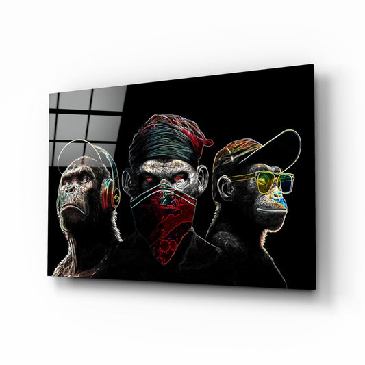 3 Wise Monkeys - Neon Lines Glass Wall Art || Designer Collection