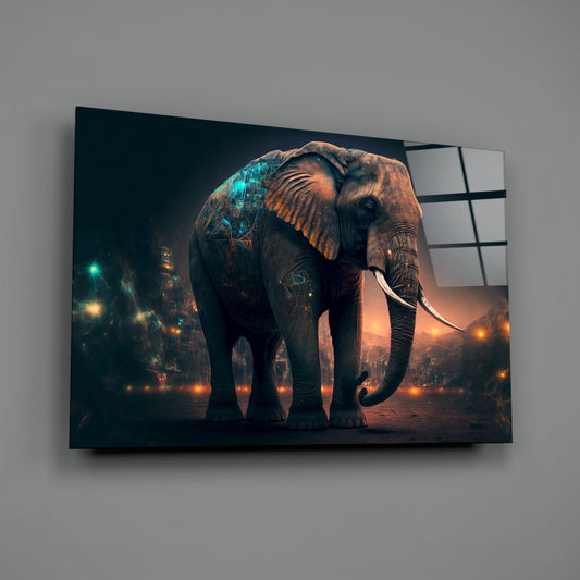 Glowing Ember City Night Elephant Glass Wall Art