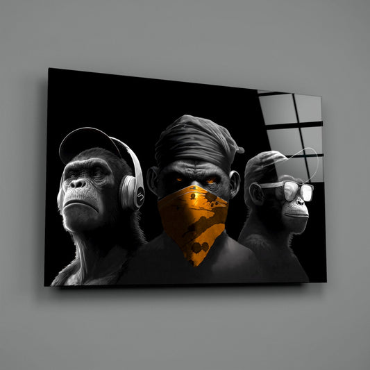 3 Wise Monkeys Chrome Edition Glass Wall Art || Designer Collection