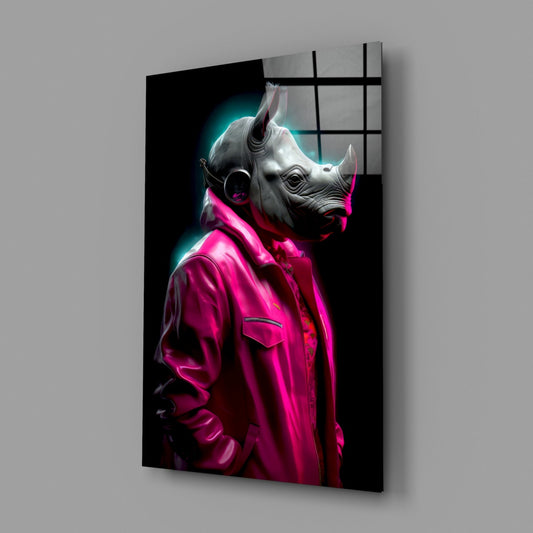 Pink Coat Rhino Neon Glow Glass Wall Art