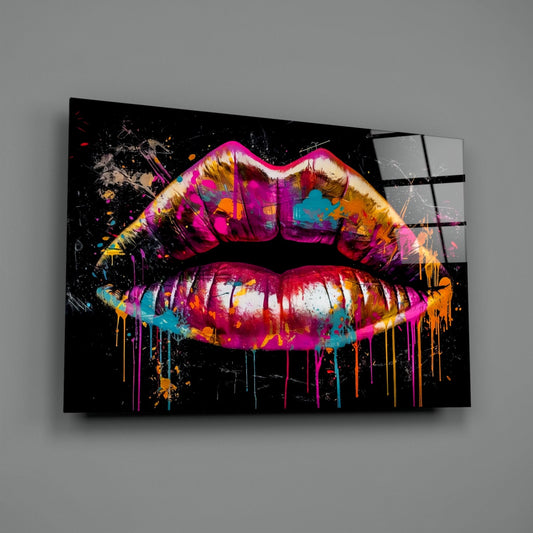 Magenta Paint Drip Lips Glass Wall Art