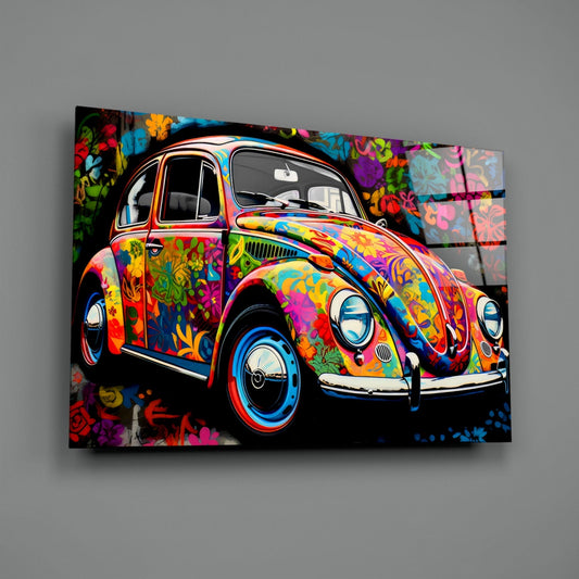 Flowering Retro Camper Van Glass Wall Art || Designer Collection