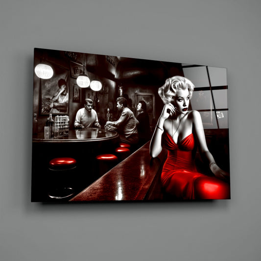 Red Dress Blonde on Bar Stool Glass Wall Art