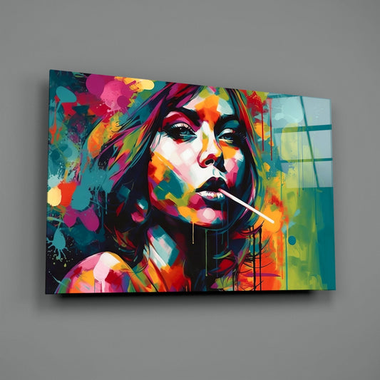 Teal Splash Painted Woman Candy Stick Glass Wall Art