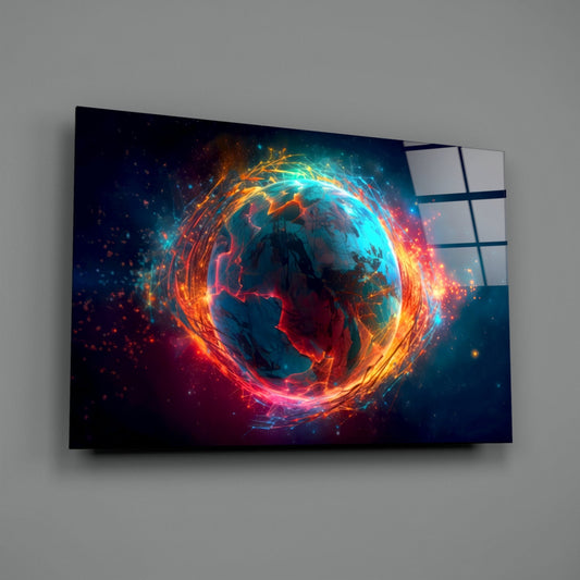 Fiery Orbit Blue Earth Globe Glass Wall Art