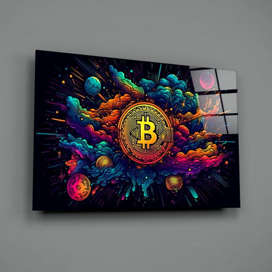 Cosmic Clouds Neon Bitcoin Blast Glass Wall Art