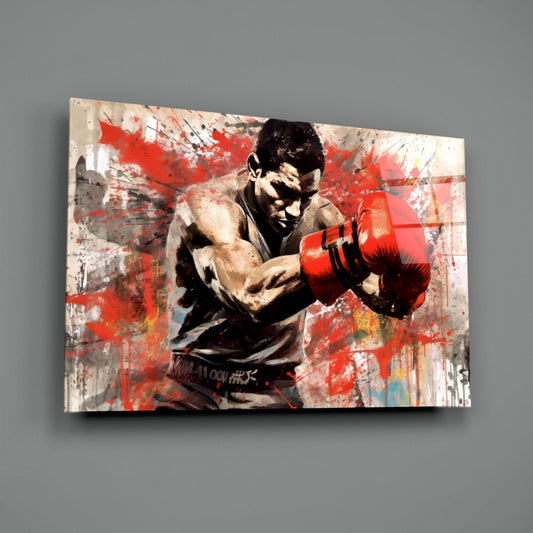 Red Splatter Gloves Boxer Glass Wall Art