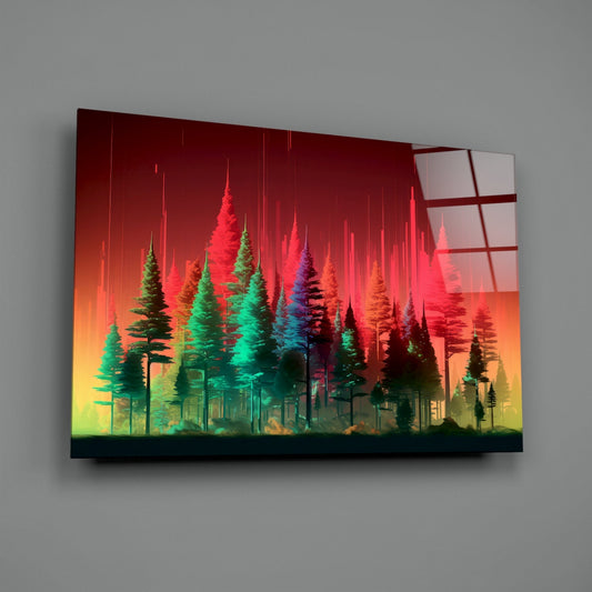 Neon Red And Green Pine Forest Glass Wall Art