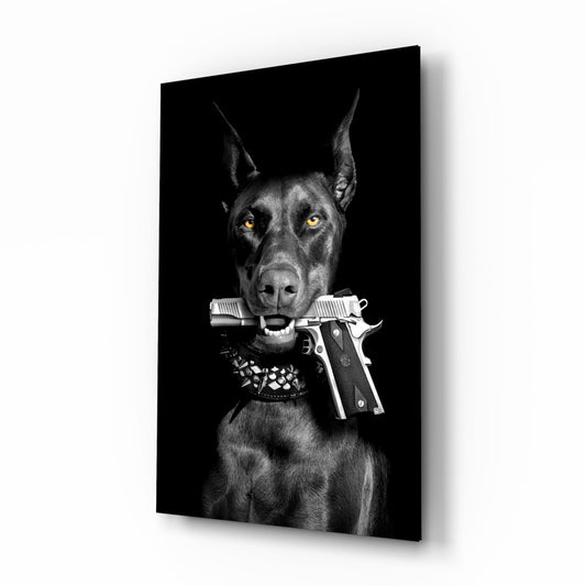 Doberman Holding Silver Pistol Glass Wall Art