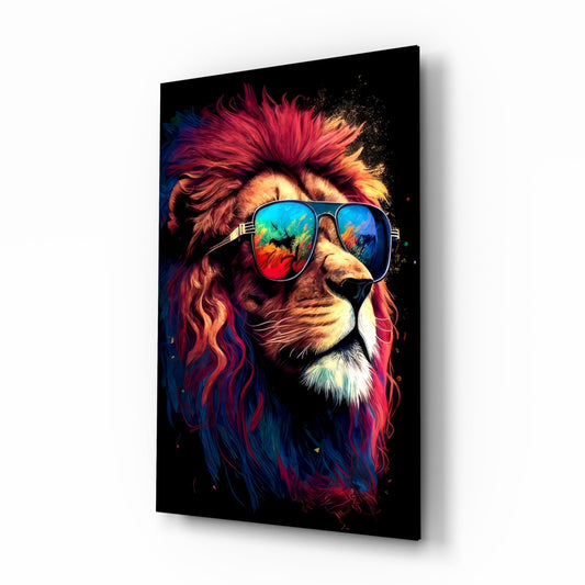 Crimson Mane Lion Mirrored Aviators Glass Wall Art