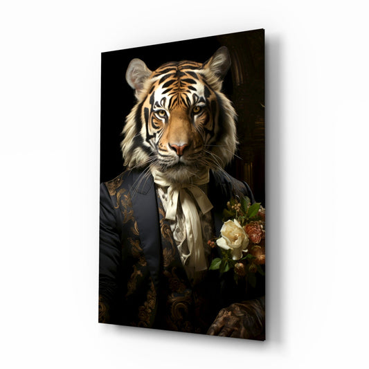 Brocade Suit Tiger with Cravat Glass Wall Art