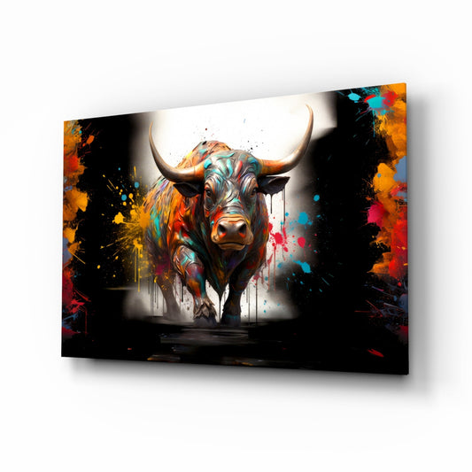 Colorful Bull Halo Splash Glass Wall Art
