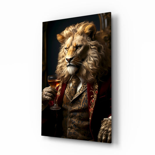 Lion in Crimson Military Coat Glass Wall Art
