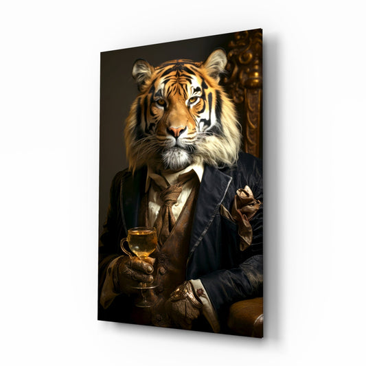 Aristocrat Tiger with Gold Goblet Glass Wall Art