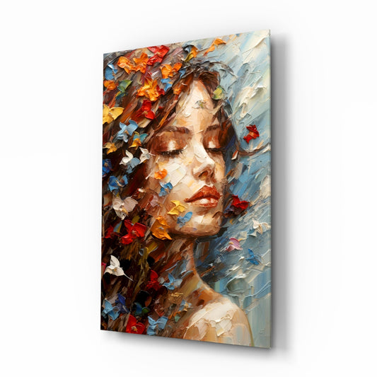 Butterflies in Hair Dreaming Woman Glass Wall Art