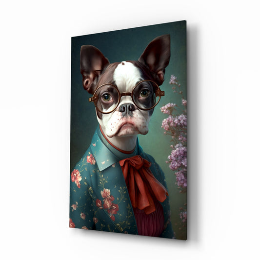 Bulldog in Round Glasses Floral Shirt Glass Wall Art