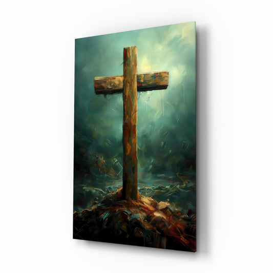 Rustic Wooden Cross In Teal Mist Glass Wall Art
