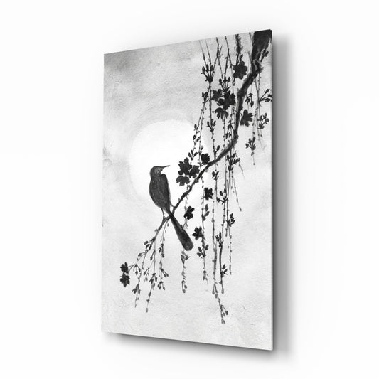 Black and White Bird on Blossom Branch Glass Wall Art