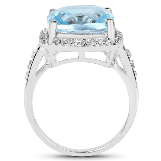 7.18 Carat Genuine Blue Topaz and White Topaz .925 Sterling Silver Ring