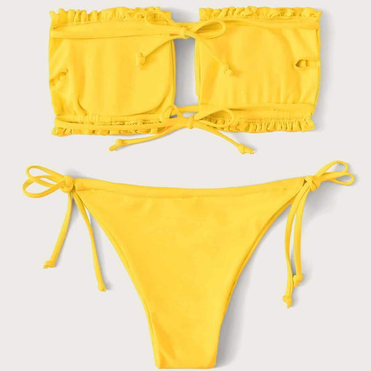 Frill Trim Bandeau Tie Side Bikini Swimsuit Otarealm