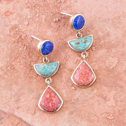 Blue Lapis Turquoise and Orange Sponge Coral Colorful Golden Drop Earrings Otarealm