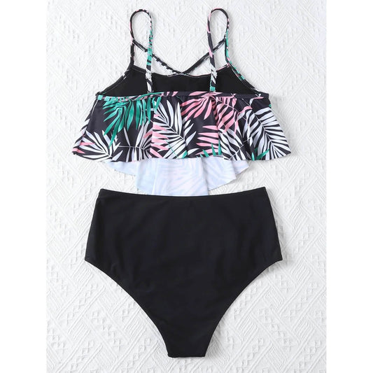 Leaf Print Hanky Hem High Waisted Bikini Swimsuit Otarealm