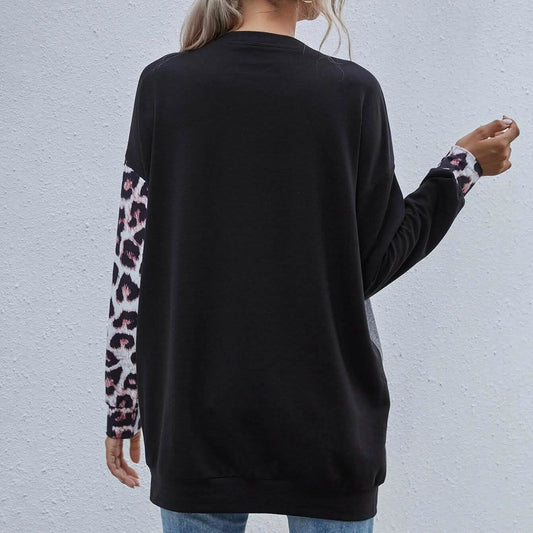 Leopard Print Colorblock Drop Shoulder Sweatshirt