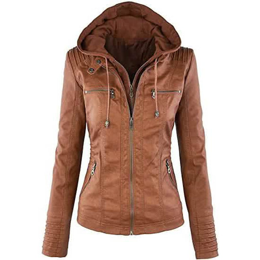 Lock and Love Women's Removable Hooded Faux Leather Jacket Otarealm