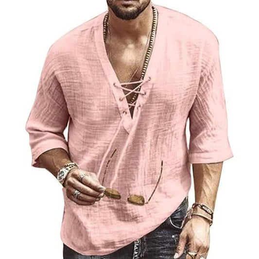 Men's Fashion Shirt Short Sleeve Beach V-Neck Drawstring Otarealm