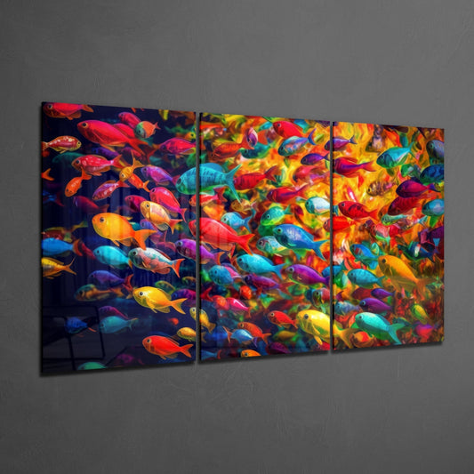 Rainbow Fish School Triptych Glass Wall Art