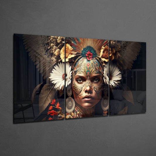 Feather Headdress Woman White Blooms Glass Wall Art