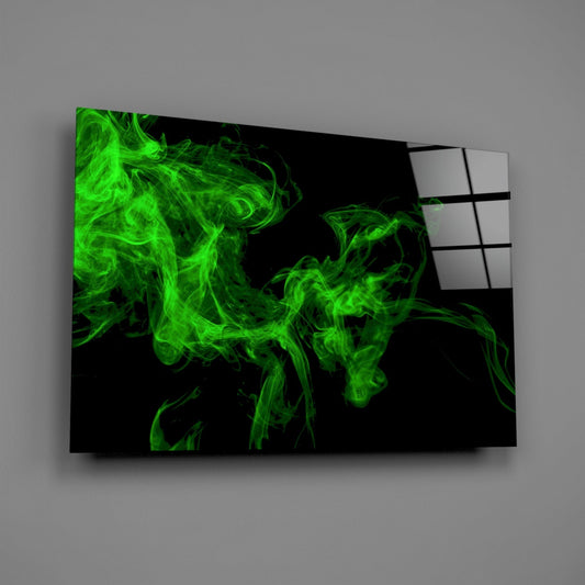 Green Smoke Swirl On Black Glass Wall Art