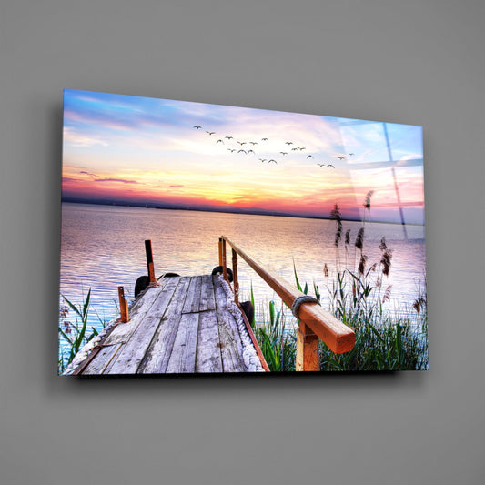 Pastel Sunset Reeds Rustic Dock Glass Wall Art