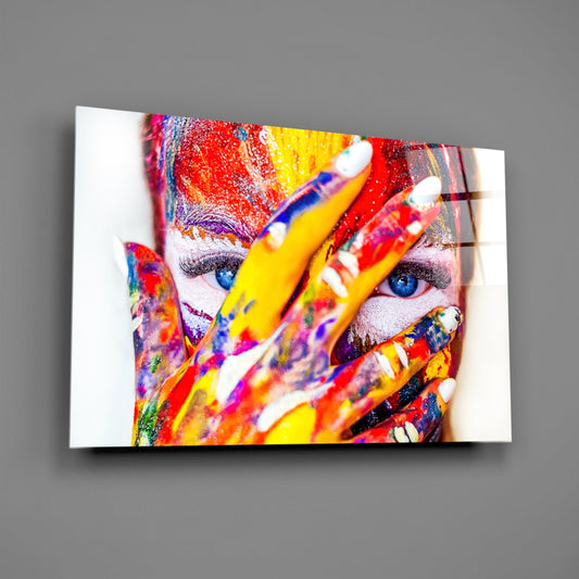 Rainbow Paint Covered Face Glass Wall Art