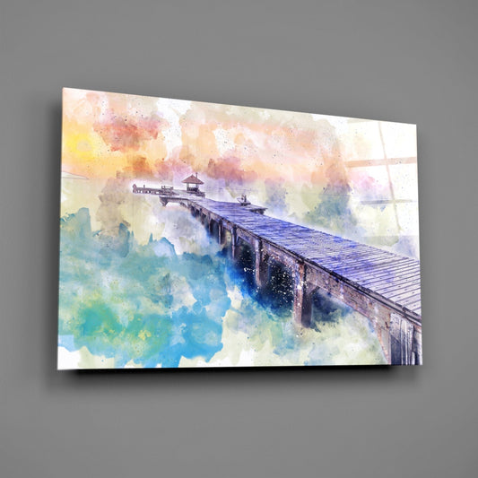 Pastel Watercolor Wooden Pier Glass Wall Art
