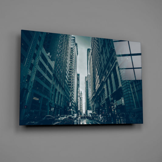 Dark Blue Skyscraper Canyon Street Glass Wall Art