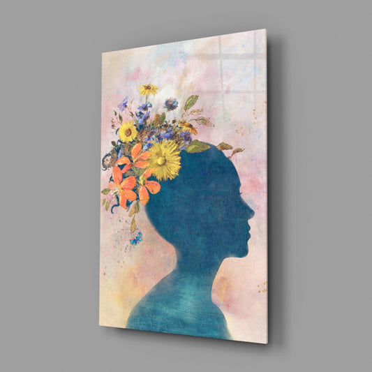 Floral Head Blue Silhouette Glass Wall Art