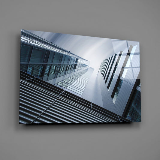 Blue Gray Skyscrapers Seen From Below Glass Wall Art