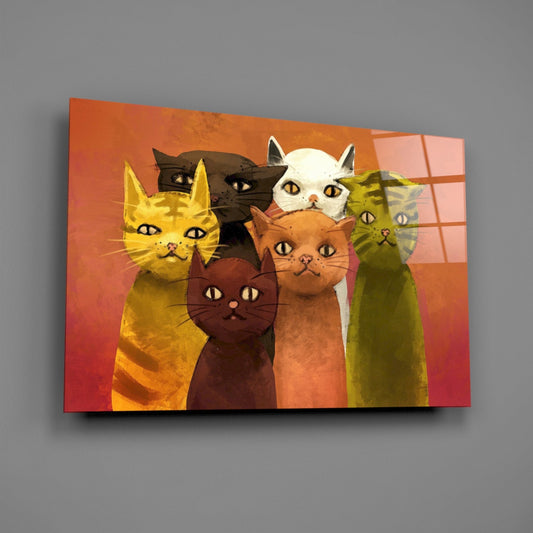 Six Retro Painted Cats On Orange Glass Wall Art
